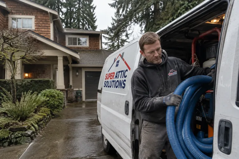 Super Attic Solutions van at a Seattle Craftsman home