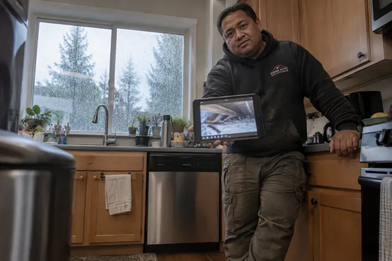 A technician shows attic and crawl space inspection photos on a tablet