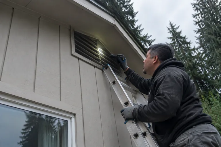 Technician inspecting a gable vent on an Eastside split-level home