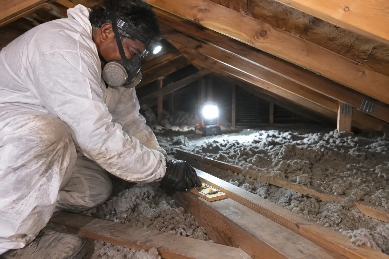 Setting traps along a rafter runway in an attic