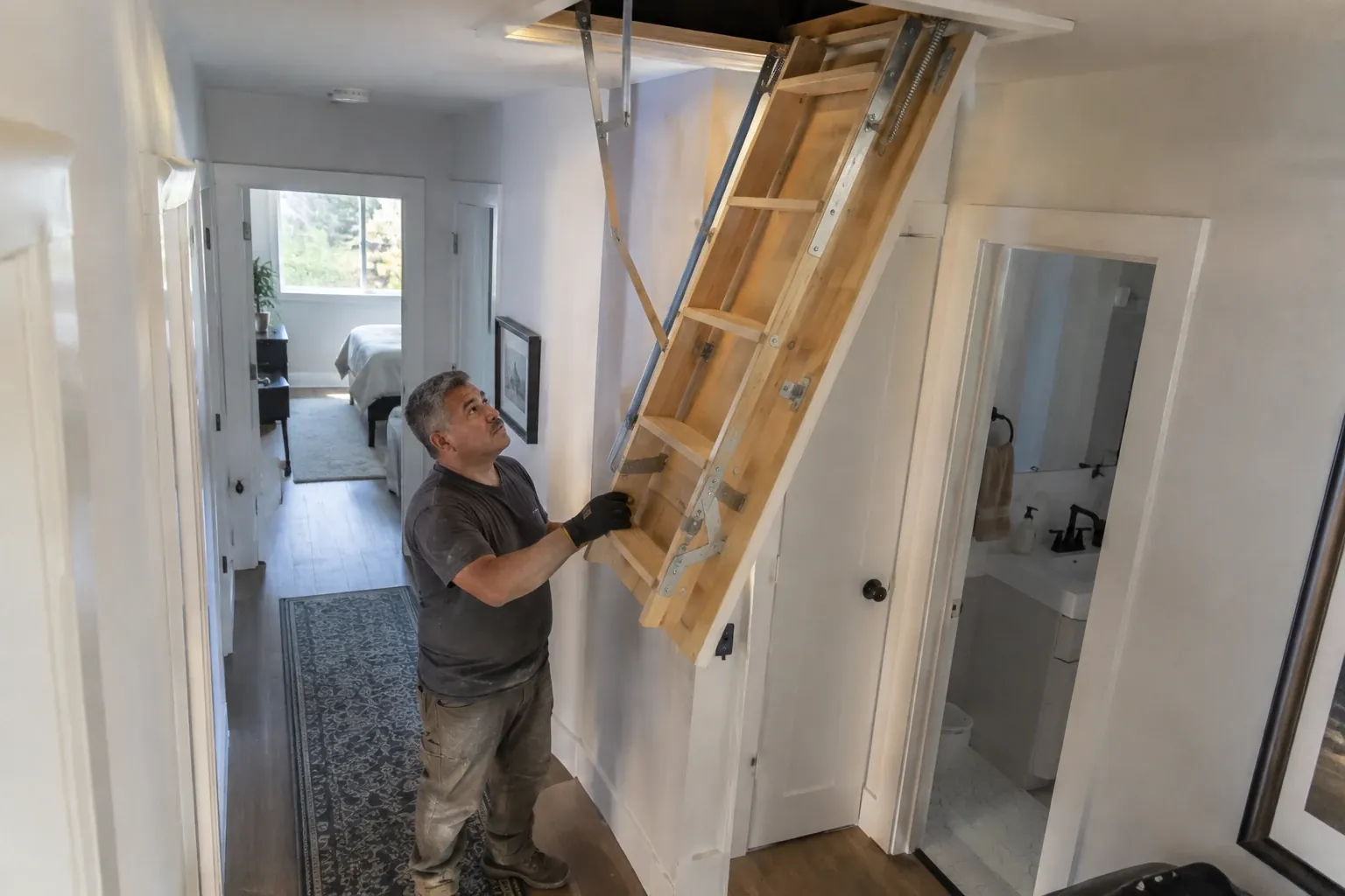 New insulated pull-down attic ladder in a hallway ceiling