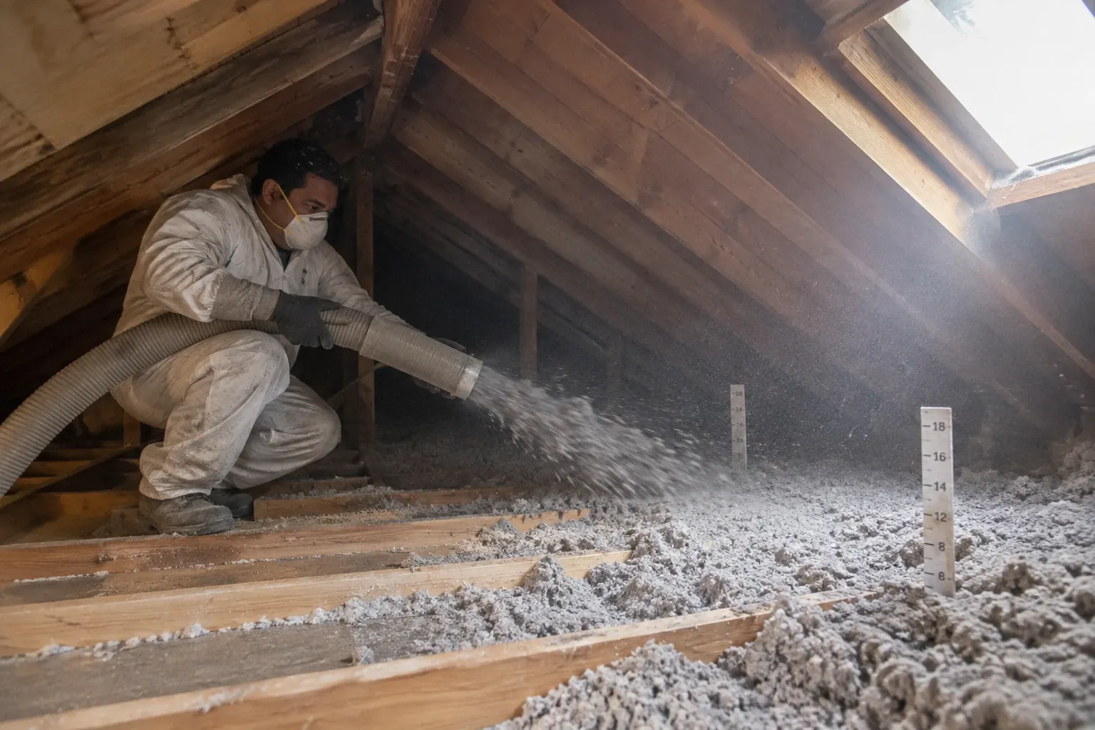 Blowing cellulose insulation across attic joists