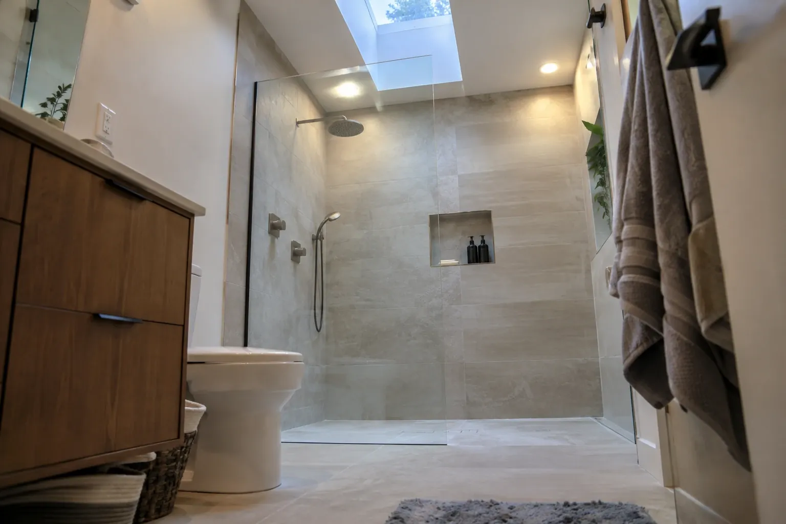Remodeled bathroom with walk-in shower and exhaust fan