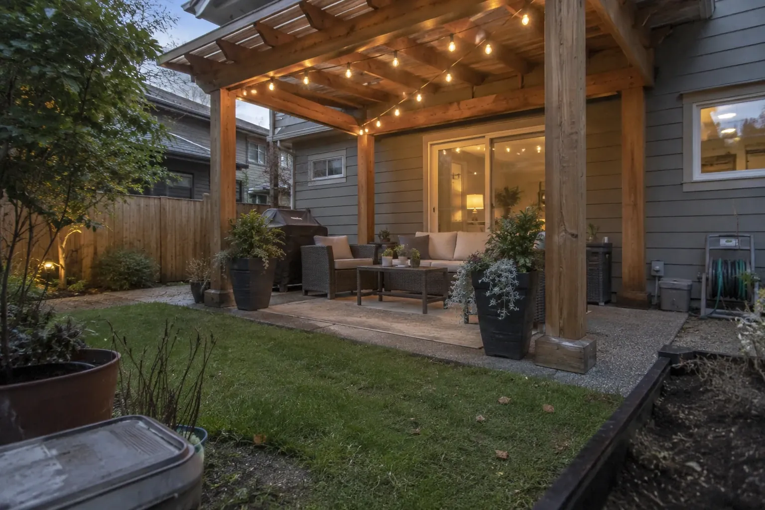 Covered cedar patio and backyard living area