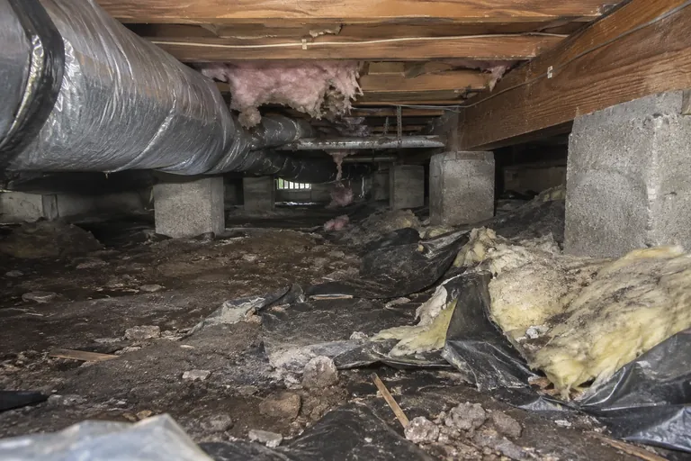 Crawl space before cleaning: torn plastic and debris