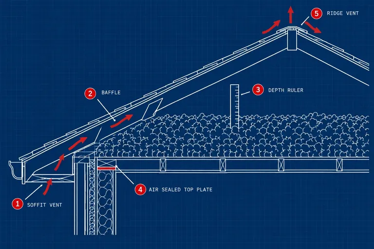 How a properly insulated attic works: soffit vent, baffle, depth ruler, sealed top plate, ridge vent