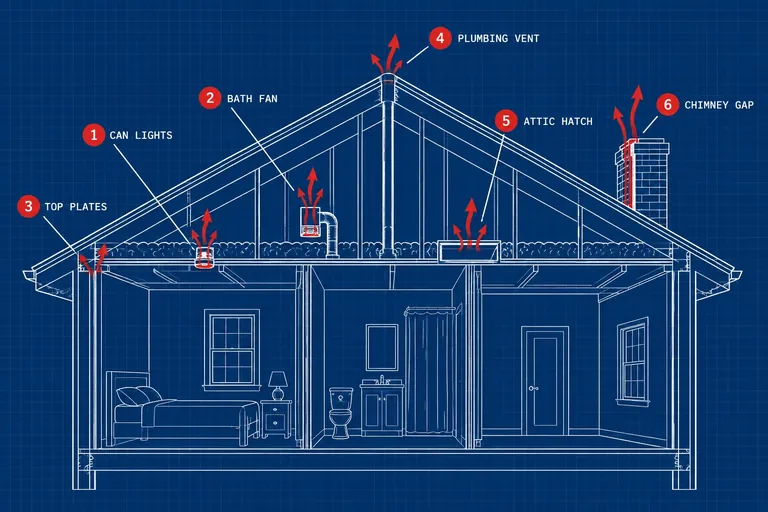 Where warm air leaks into the attic: can lights, bath fan, top plates, plumbing vent, attic hatch, chimney gap