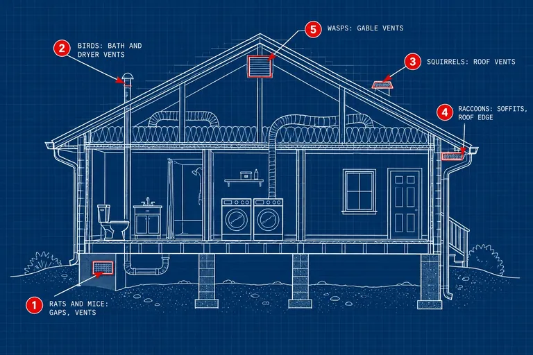 Attic pests and their way in: Rats and mice: gaps, vents, Birds: bath and dryer vents, Squirrels: roof vents, Raccoons: soffits, roof edge, Wasps: gable vents