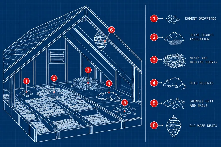 What comes out in an attic cleanout: Rodent droppings, Urine-soaked insulation, Nests and nesting debris, Dead rodents, Shingle grit and nails, Old wasp nests