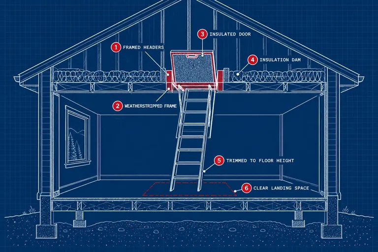 Anatomy of a sealed attic ladder: Framed headers, Weatherstripped frame, Insulated door, Insulation dam, Trimmed to floor height, Clear landing space