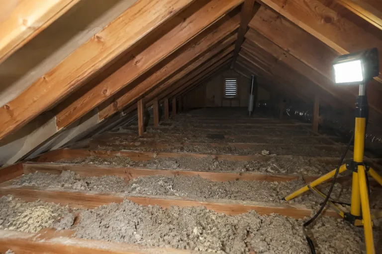 Before: A thin, settled layer with bare drywall showing near the roof edge