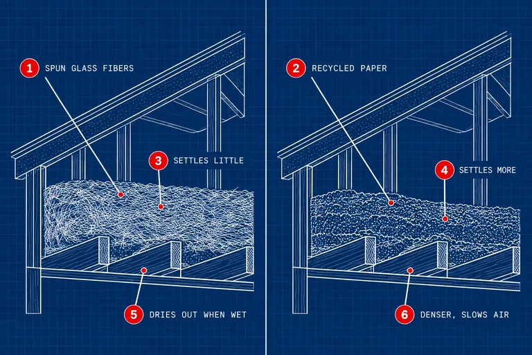 Fiberglass vs cellulose, blown in: Spun glass fibers, Recycled paper, Settles little, Settles more, Dries out when wet, Denser, slows air