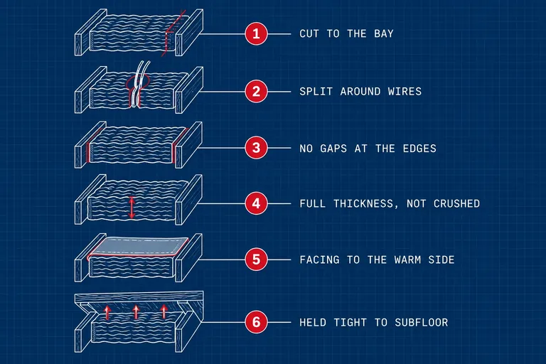 A batt installed right: Cut to the bay, Split around wires, No gaps at the edges, Full thickness, not crushed, Facing to the warm side, Held tight to subfloor