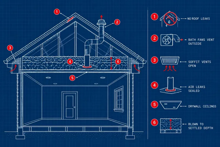 Is your attic ready for cellulose: No roof leaks, Bath fans vent outside, Soffit vents open, Air leaks sealed, Drywall ceilings, Blown to settled depth