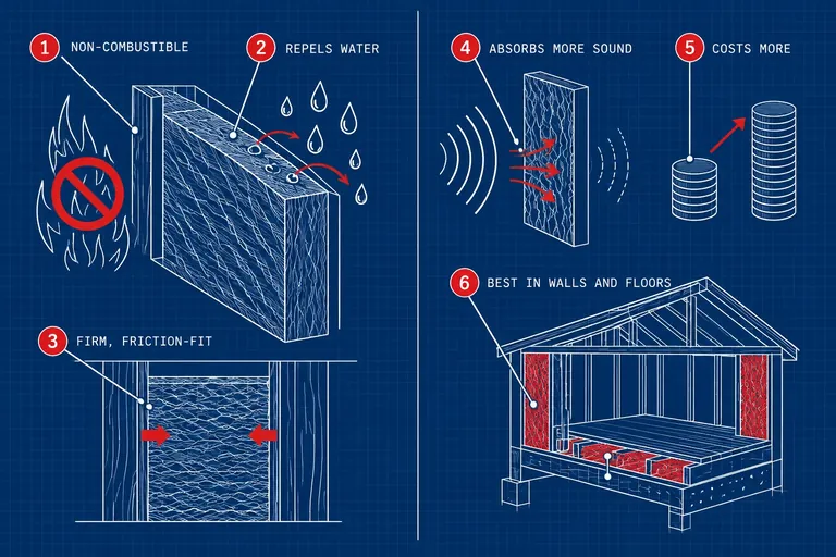 Why mineral wool: Non-combustible, Repels water, Firm, friction-fit, Absorbs more sound, Costs more, Best in walls and floors