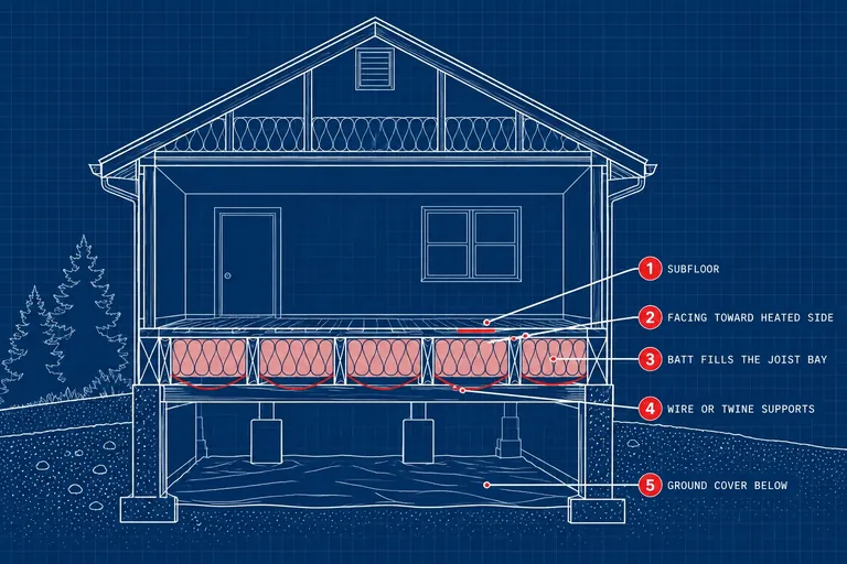 A properly insulated floor: Subfloor, Facing toward heated side, Batt fills the joist bay, Wire or twine supports, Ground cover below