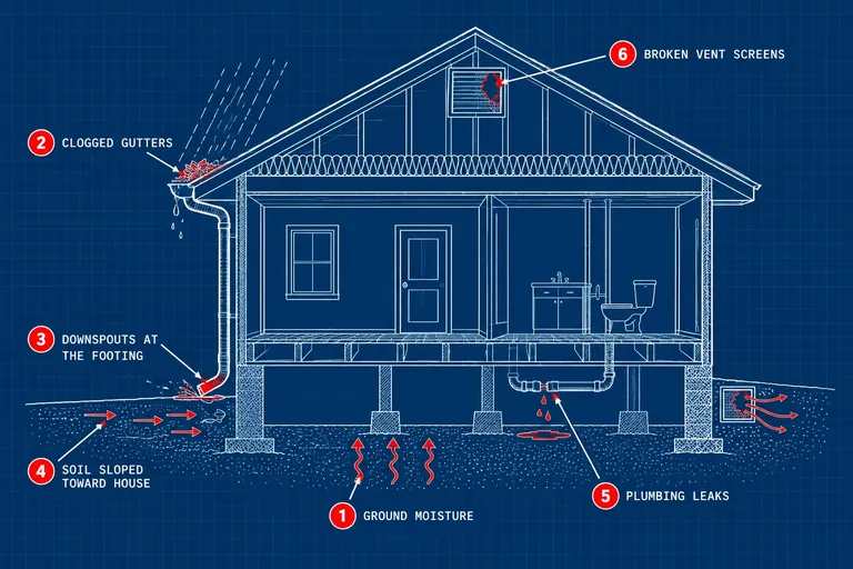 Where crawl space water comes from: Ground moisture, Clogged gutters, Downspouts at the footing, Soil sloped toward house, Plumbing leaks, Broken vent screens