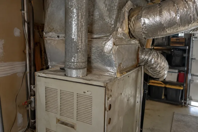 Before: Dusty older furnace with a sagging, taped-up supply plenum and loose flex duct at the takeoffs