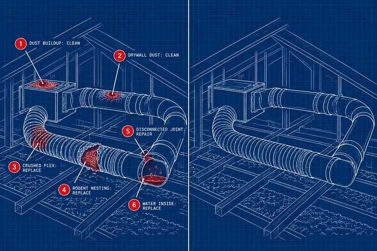 Clean it or replace it: Dust buildup: clean, Drywall dust: clean, Crushed flex: replace, Rodent nesting: replace, Disconnected joint: repair, Water inside: replace