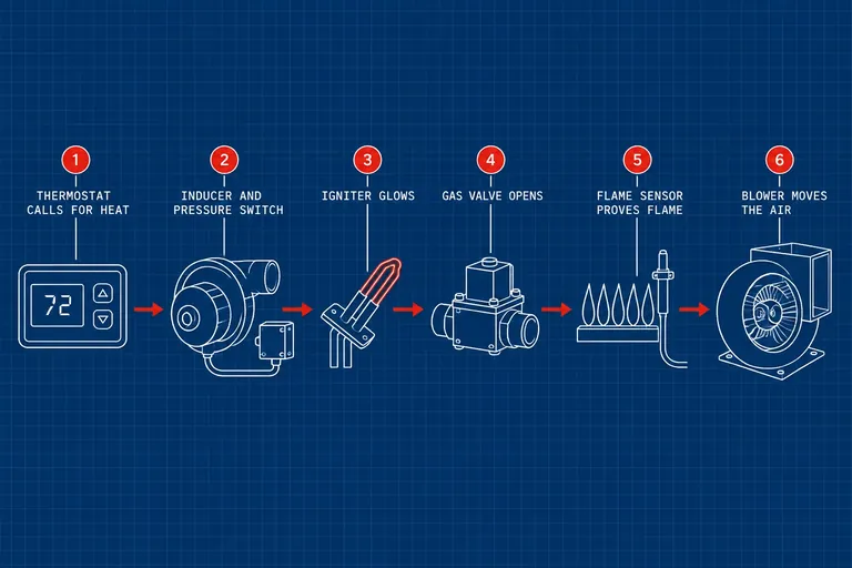 Where furnaces fail: Thermostat calls for heat, Inducer and pressure switch, Igniter glows, Gas valve opens, Flame sensor proves flame, Blower moves the air