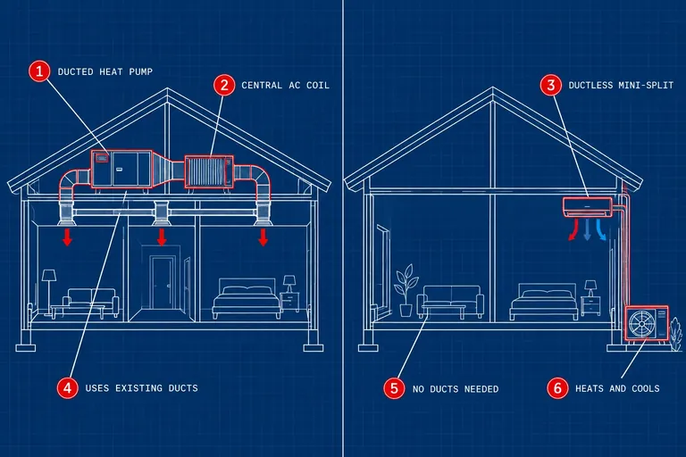 Three ways to add cooling: Ducted heat pump, Central AC coil, Ductless mini-split, Uses existing ducts, No ducts needed, Heats and cools
