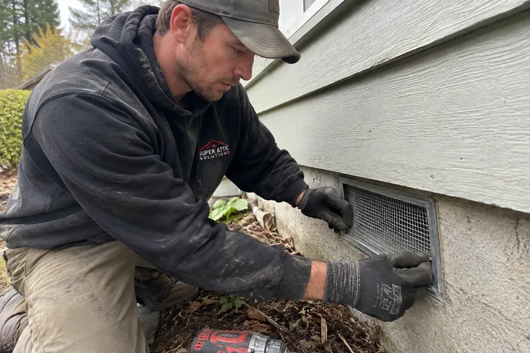 A technician fitting a new rodent-proof screen into a foundation vent