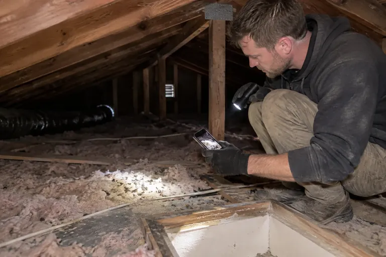 A technician with a flashlight photographing droppings on insulation near the attic hatch