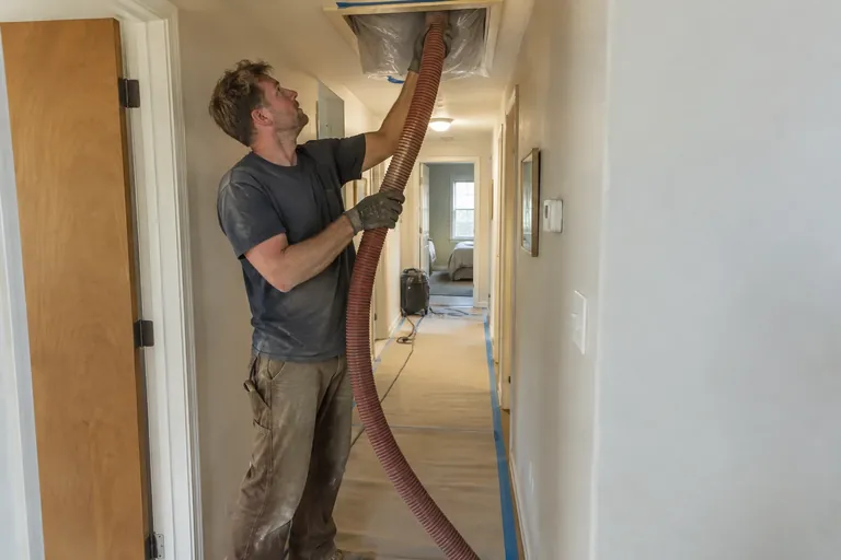 Floor runners laid down a hallway to a masked ceiling hatch with a vacuum hose running up into it