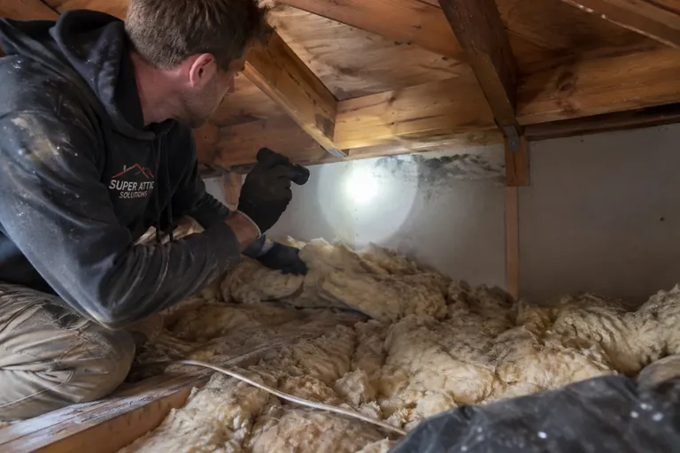 A technician pulling back insulation and pointing a flashlight at a dark stain above a wall line