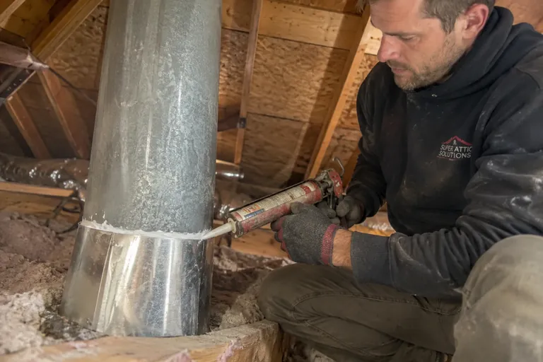 Sheet metal collar being fitted around a flue with fire-rated sealant along the edges