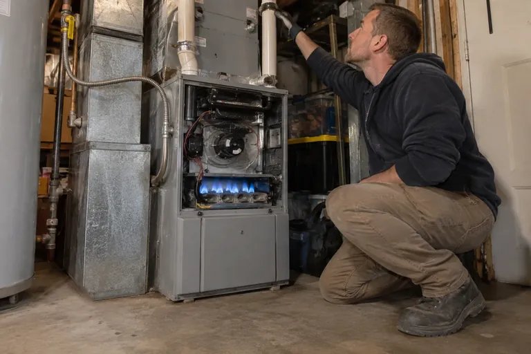 Furnace running with steady blue flames while the technician checks the vent pipe