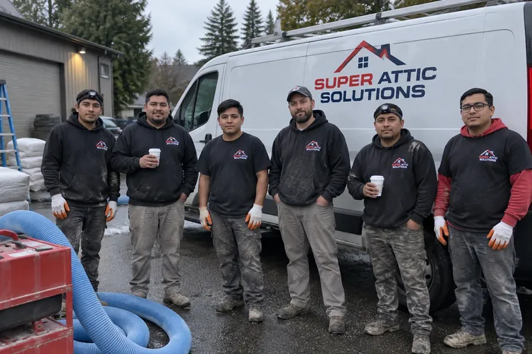 The crew with a Super Attic Solutions van