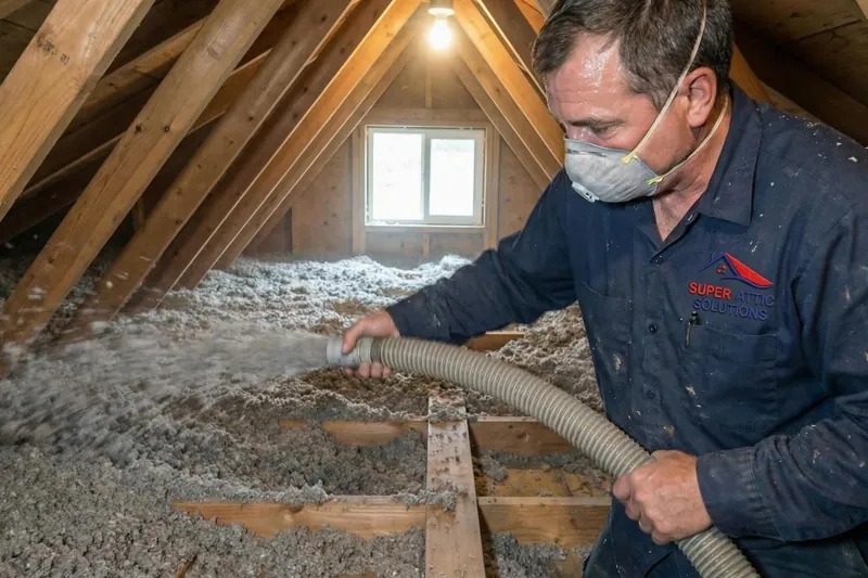 Technician adding insulation in an attic