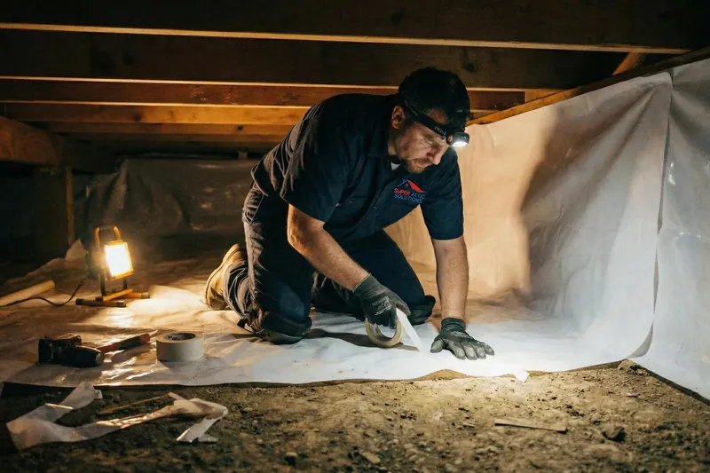 Taping vapor barrier seams in a crawl space