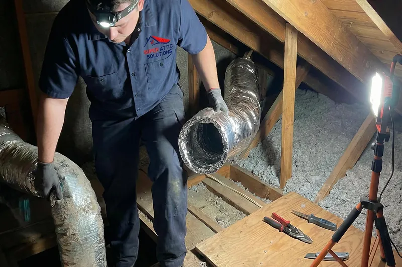 Technician replacing flexible duct in an attic