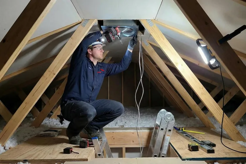 Technician installing an attic fan