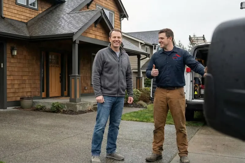 Super Attic Solutions team member with a homeowner in the driveway