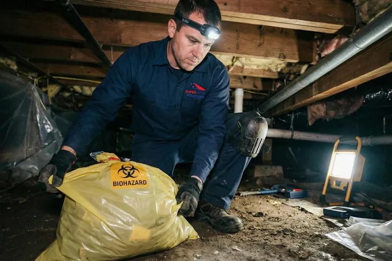 Technician bagging contaminated debris in an attic