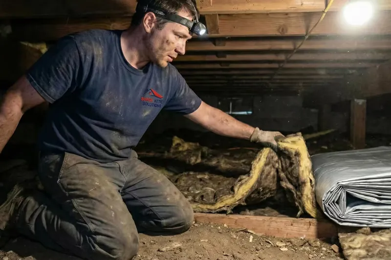 Insulation work in an attic by headlamp