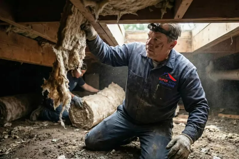Technician pulling old insulation from a crawl space